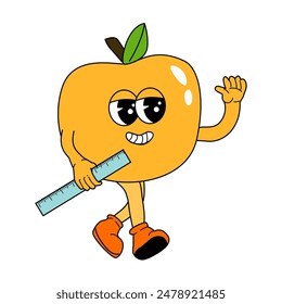 Suministros escolares para niños - manzana de dibujos animados en estilo retro groovy. Divertida mascota para la educación Anuncio de vuelta a la escuela, diseño de portada, póster o pegatina. personaje y2k - manzana con Regla.