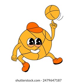 Suministros escolares para niños - baloncesto de dibujos animados en estilo retro groovy. Divertida mascota pelota deportiva para la educación Volver a la escuela Anuncio, diseño de portada, póster o pegatina. personaje y2k - artículo de papelería.