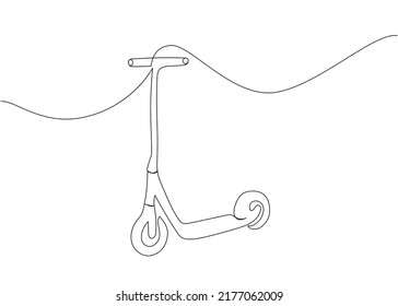 Childrens scooter one line art. Continuous line drawing of sport, transportation, speed, electric, roller, hobby, mobile, teenager, hipster, kid, bike, activity, equipment, urban.