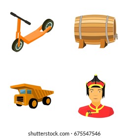 Children's scooter, wooden barrel and other web icon in cartoon style. dump truck, Mongolian warrior icons in set collection.