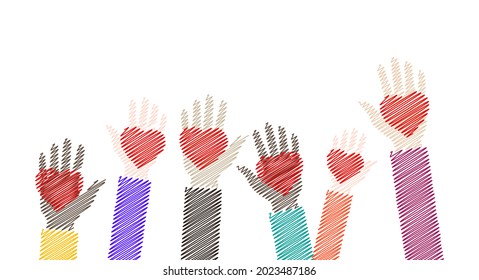 Los niños garabatean manos con el corazón rojo criado en diferentes colores. Caridad, voluntariado y concepto de donación. Ilustración vectorial plana aislada en fondo blanco.