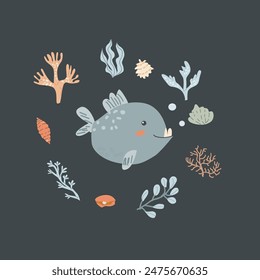 Childrens sea animal background. Nautical elements. Cute fish or ocean inhabitant with seaweed. Sea wild life, marine animals with text for stickers, cover design, cloth