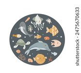 Childrens sea animal background with shell. Nautical elements card. Cute fish or ocean inhabitant with seaweed, shells. Sea wild life, marine animals background with plants for cover design, cloth