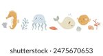 Childrens sea animal background with shell. Nautical elements border. Cute fish or ocean inhabitant with seaweed. Sea wild life, marine animals with plants for cover design, cloth