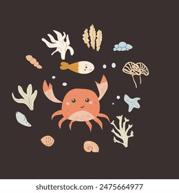 Childrens sea animal background with shell. Nautical elements card. Cute fish or ocean inhabitant with seaweed. Sea wild life, marine animals with plants for cover design, cloth