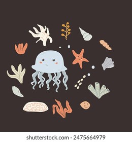 Childrens sea animal background with shell. Nautical elements card. Cute fish or ocean inhabitant with seaweed. Sea wild life, marine animals with plants for cover design, cloth