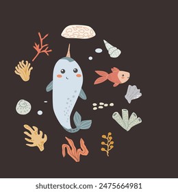 Childrens sea animal background with shell. Nautical elements card. Cute fish or ocean inhabitant with seaweed. Sea wild life, marine animals with plants for cover design, cloth