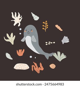 Childrens sea animal background with shell. Nautical elements card. Cute fish or ocean inhabitant with seaweed. Sea wild life, marine animals with plants for cover design, cloth