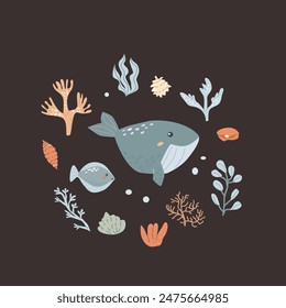 Childrens sea animal background with shell. Nautical elements card. Cute fish or ocean inhabitant with seaweed. Sea wild life, marine animals with plants for cover design, cloth