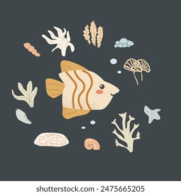 Childrens sea animal background with shell. Nautical elements card. Cute fish or ocean inhabitant with seaweed. Sea wild life, marine animals with plants for cover design, cloth