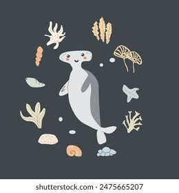 Childrens sea animal background with shell. Nautical elements card. Cute fish or ocean inhabitant with seaweed. Sea wild life, marine animals with plants for cover design, cloth