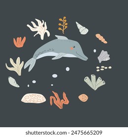 Childrens sea animal background with shell. Nautical elements card. Cute fish or ocean inhabitant with seaweed. Sea wild life, marine animals with plants for cover design, cloth