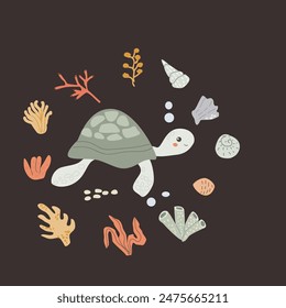 Childrens sea animal background with shell. Nautical elements card. Cute fish or ocean inhabitant with seaweed. Sea wild life, marine animals with plants for cover design, cloth