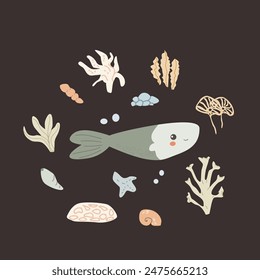 Childrens sea animal background with shell. Nautical elements card. Cute fish or ocean inhabitant with seaweed. Sea wild life, marine animals with plants for cover design, cloth