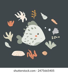 Childrens sea animal background with shell. Nautical elements card. Cute fish or ocean inhabitant with seaweed. Sea wild life, marine animals with plants for cover design, cloth