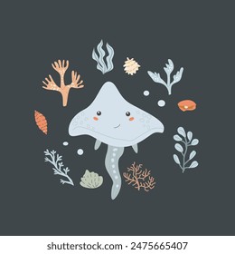 Childrens sea animal background with shell. Nautical elements card. Cute fish or ocean inhabitant with seaweed. Sea wild life, marine animals with plants for cover design, cloth