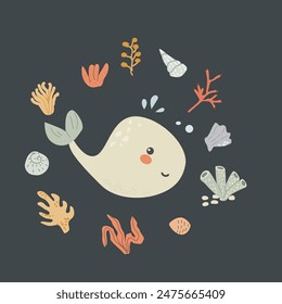 Childrens sea animal background with shell. Nautical elements card. Cute fish or ocean inhabitant with seaweed. Sea wild life, marine animals with plants for cover design, cloth