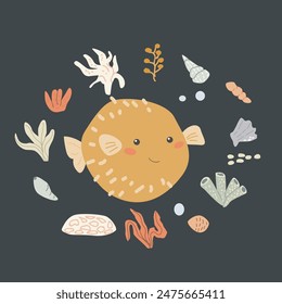 Childrens sea animal background with shell. Nautical elements card. Cute fish or ocean inhabitant with seaweed. Sea wild life, marine animals with plants for cover design, cloth