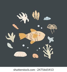 Childrens sea animal background with shell. Nautical elements card. Cute fish or ocean inhabitant with seaweed. Sea wild life, marine animals with plants for cover design, cloth