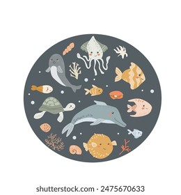 Childrens sea animal background with shell. Nautical elements card. Cute fish or ocean inhabitant with seaweed, shells. Sea wild life, marine animals background with plants for cover design, cloth