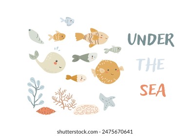 Childrens sea animal background with shell. Nautical elements card. Cute fish or ocean inhabitant with seaweed, shells. Sea wild life, marine animals background with plants for cover design, cloth