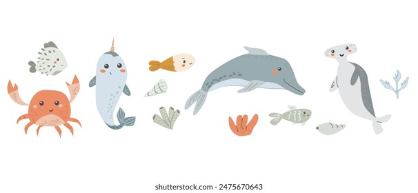 Childrens sea animal background with shell. Nautical elements border. Cute fish or ocean inhabitant with seaweed. Sea wild life, marine animals with plants for cover design, cloth