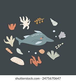 Childrens sea animal background with shell. Nautical elements card. Cute fish or ocean inhabitant with seaweed. Sea wild life, marine animals with plants for cover design, cloth