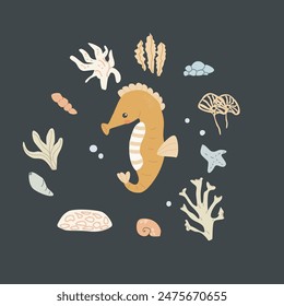 Childrens sea animal background with shell. Nautical elements card. Cute fish or ocean inhabitant with seaweed. Sea wild life, marine animals with plants for cover design, cloth