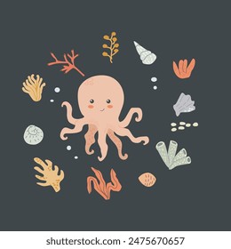 Childrens sea animal background with shell. Nautical elements card. Cute fish or ocean inhabitant with seaweed. Sea wild life, marine animals with plants for cover design, cloth