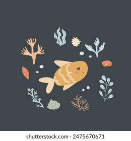 Childrens sea animal background with shell. Nautical elements card. Cute fish or ocean inhabitant with seaweed. Sea wild life, marine animals with plants for cover design, cloth