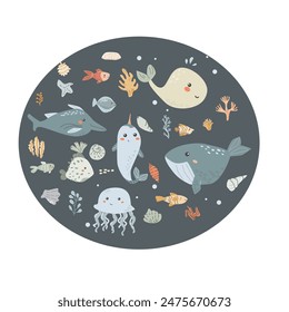 Childrens sea animal background with shell. Nautical elements card. Cute fish or ocean inhabitant with seaweed, shells. Sea wild life, marine animals background with plants for cover design, cloth