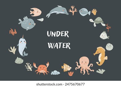 Childrens sea animal background with shell. Nautical elements card. Cute fish or ocean inhabitant with seaweed, shells. Sea wild life, marine animals background with plants for cover design, cloth