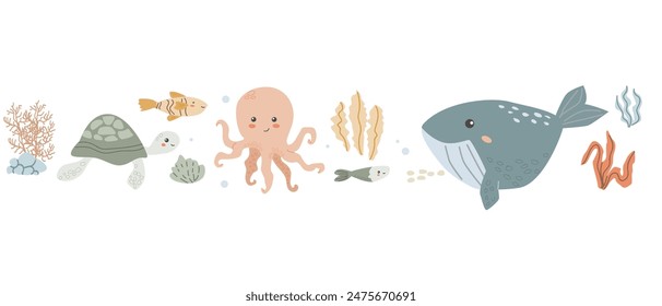 Childrens sea animal background with shell. Nautical elements border. Cute fish or ocean inhabitant with seaweed. Sea wild life, marine animals with plants for cover design, cloth