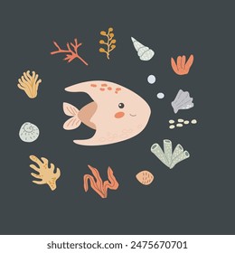 Childrens sea animal background with shell. Nautical elements card. Cute fish or ocean inhabitant with seaweed. Sea wild life, marine animals with plants for cover design, cloth