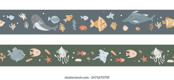 Childrens sea animal background with shell. Nautical elements border. Cute fish or ocean inhabitant with seaweed. Sea wild life, marine animals with plants for cover design, cloth