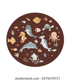 Childrens sea animal background with shell. Nautical elements card. Cute fish or ocean inhabitant with seaweed, shells. Sea wild life, marine animals background with plants for cover design, cloth