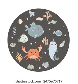 Childrens sea animal background with shell. Nautical elements card. Cute fish or ocean inhabitant with seaweed, shells. Sea wild life, marine animals background with plants for cover design, cloth