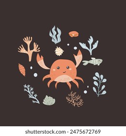 Childrens sea animal background with shell. Nautical elements card. Cute fish or ocean inhabitant with seaweed. Sea wild life, marine animals with plants for cover design, cloth