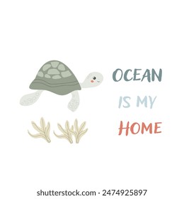 Childrens sea animal background with words. Nautical elements. Cute fish or ocean inhabitant with seaweed. Sea wild life, marine animals with text for stickers, cover design, clothes.