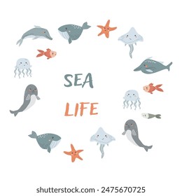 Childrens sea animal background with words. Nautical elements card. Cute fish or ocean inhabitants Sea wild life, marine animals background with words for cover design, cloth