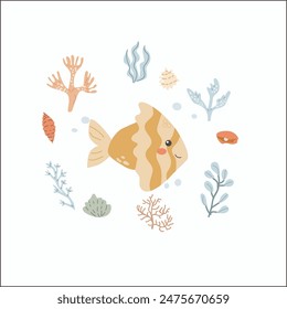 Childrens sea animal fish background. Nautical elements. Cute fish or ocean inhabitant with seaweed. Sea wild life, marine animals background for posters, print.