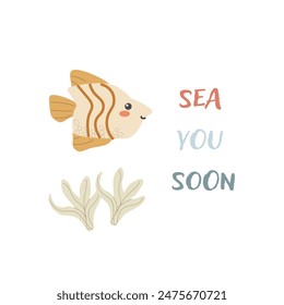 Childrens sea animal fish background with words. Nautical elements. Cute fish or ocean inhabitant with seaweed. Sea wild life, marine animals with text for stickers, cover design, cloth