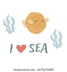 Childrens sea animal fugu fish background with words. Nautical elements. Cute fish or ocean inhabitant with seaweed. Sea wild life, marine animals with text for stickers, cover design, cloth