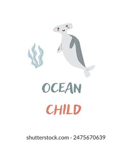 Childrens sea animal hammerfish background with words. Nautical elements. Cute fish or ocean inhabitant with seaweed. Sea wild life, marine animals with text for stickers, cover design, cloth