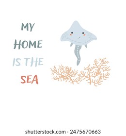 Childrens sea animal jellyfish background with words. Nautical elements. Cute fish or ocean inhabitant with seaweed. Sea wild life, marine animals with text for stickers, cover design, cloth