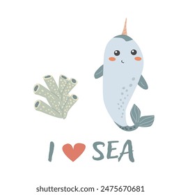 Childrens sea animal swordfish background with words. Nautical elements. Cute fish or ocean inhabitant with seaweed. Sea wild life, marine animals with text for stickers, cover design, cloth