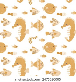 Childrens sea animals pattern, childish ocean marine life seamless background. Nursery baby animals print. Underwater inhabitants collection background for kids textile, clothes, wallpapers.