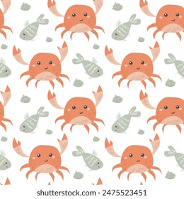 Childrens sea animals pattern, childish ocean marine life seamless background. Nursery baby animals print. Underwater inhabitants collection background for kids textile, clothes, wallpapers.