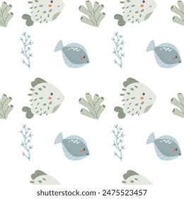 Childrens sea animals pattern, childish ocean marine life seamless background. Nursery baby animals print. Underwater inhabitants collection background for kids textile, clothes, wallpapers.