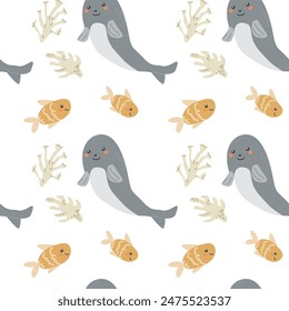 Childrens sea animals pattern, childish ocean marine life seamless background. Nursery baby animals print. Underwater inhabitants collection background for kids textile, clothes, wallpapers.